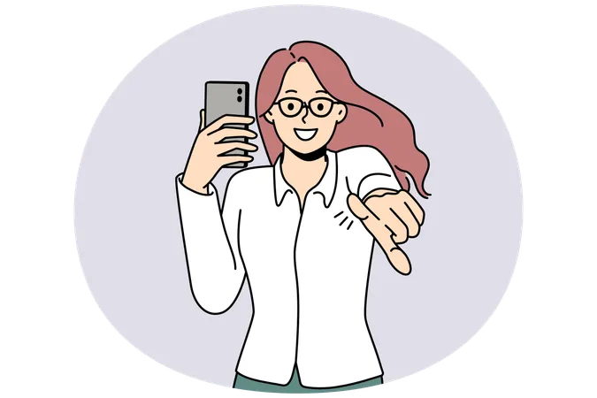 Smiling woman with cellphone point at screen  Illustration