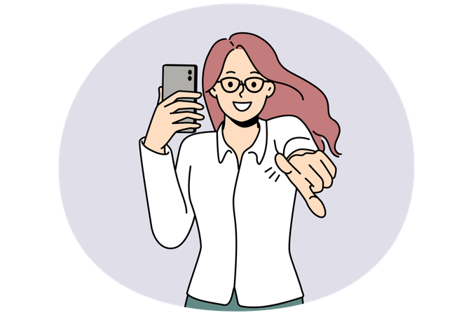 Smiling woman with cellphone point at screen  Illustration