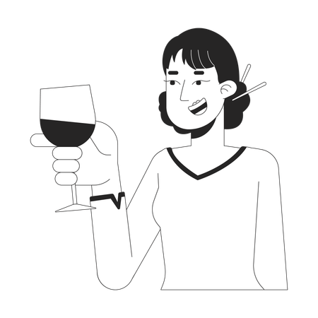 Smiling woman with chopsticks hair bun toasting wine  Illustration