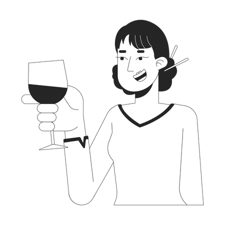 Smiling woman with chopsticks hair bun toasting wine  Illustration