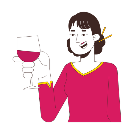 Smiling woman with chopsticks hair bun toasting wine  Illustration