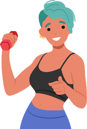 Smiling Woman With Dumbbell In Hand Point Forward Motivating Viewer To Workout  Illustration