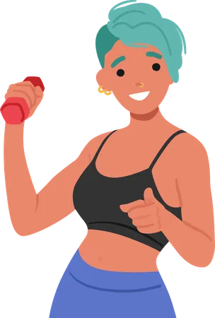 Smiling Woman With Dumbbell In Hand Point Forward Motivating Viewer To Workout  Illustration