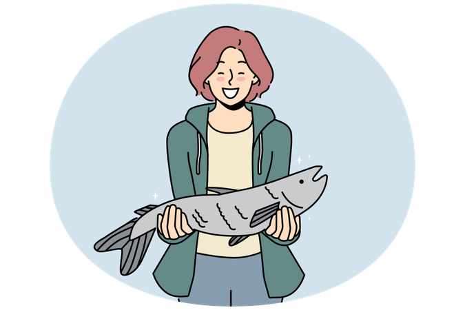 Smiling woman with fish haul in hands  Illustration