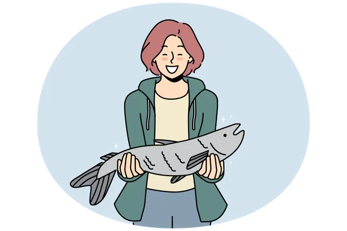 Smiling woman with fish haul in hands  Illustration