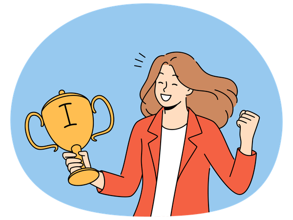 Smiling woman with golden trophy in hands  Illustration