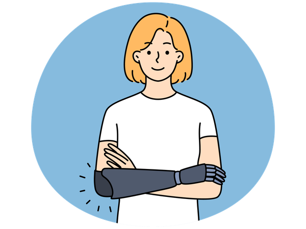 Smiling woman with hand prosthesis feeling optimistic and confident  Illustration