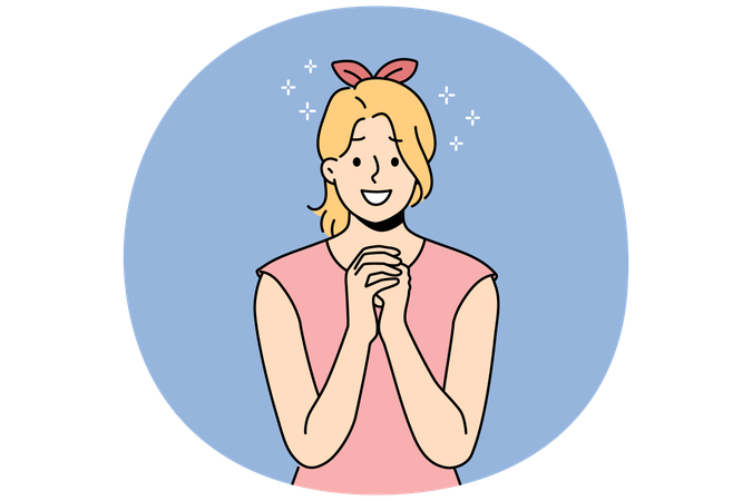 手を合わせて祈る笑顔の女性  イラスト