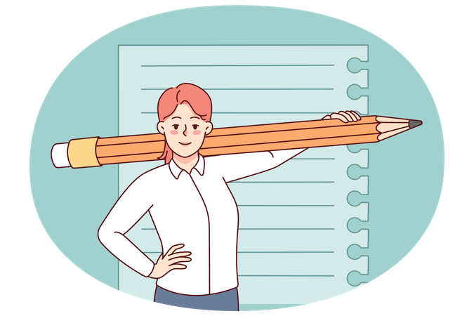 Smiling woman with huge pencil  Illustration