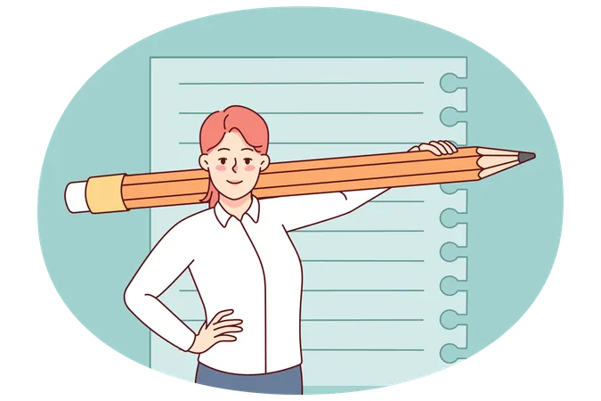 Smiling woman with huge pencil  Illustration