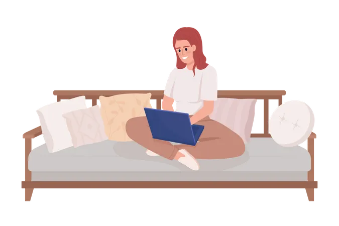 Smiling Woman With Laptop Sitting On Couch Legs Crossed Semi Flat Color Vector Character Editable Full Body Person On White Simple Cartoon Style Illustration For Web Graphic Design And Animation Illustration