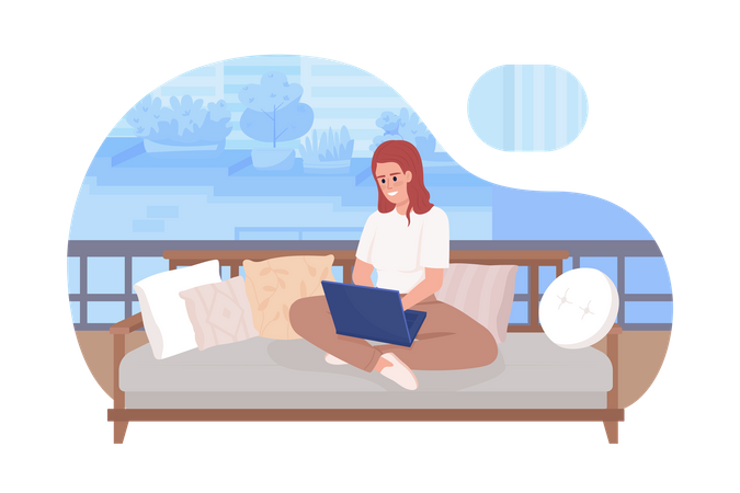 Smiling woman with laptop sitting on couch legs crossed Illustration