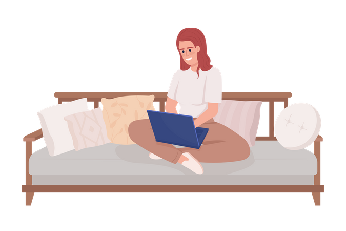 Smiling woman with laptop sitting on couch legs crossed  Illustration