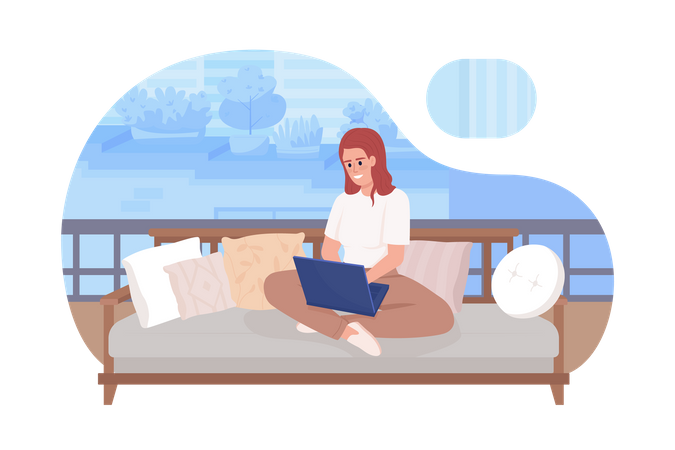 Smiling woman with laptop sitting on couch legs crossed  Illustration