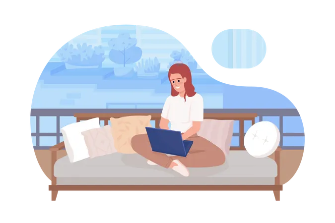 Smiling woman with laptop sitting on couch legs crossed  Illustration