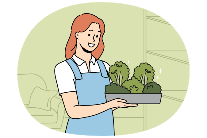 Smiling woman with microgreen container in hands  Illustration