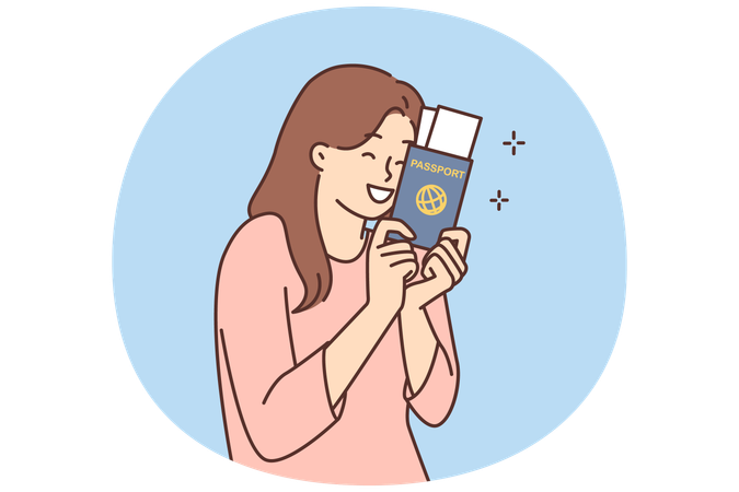 Smiling woman with passport and tickets  Illustration