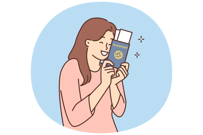 Smiling woman with passport and tickets  Illustration