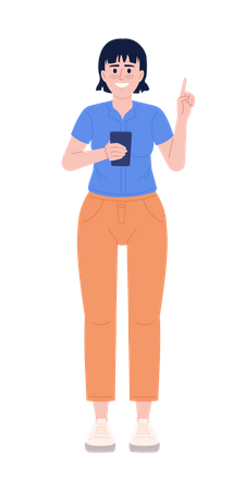 Smiling woman with phone raising finger up  Illustration