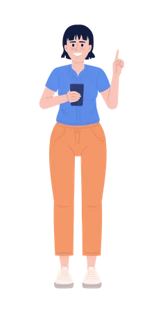 Smiling woman with phone raising finger up  Illustration