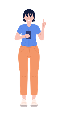 Smiling woman with phone raising finger up  Illustration