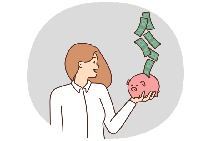 Smiling woman with piggybank excited with cash flow  Illustration