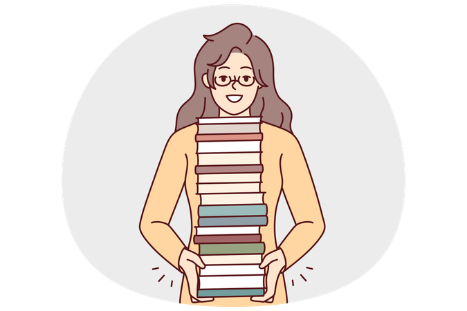 Smiling woman with pile of books  Illustration