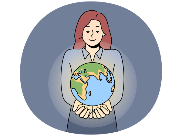 Smiling woman with planet earth in hands  Illustration