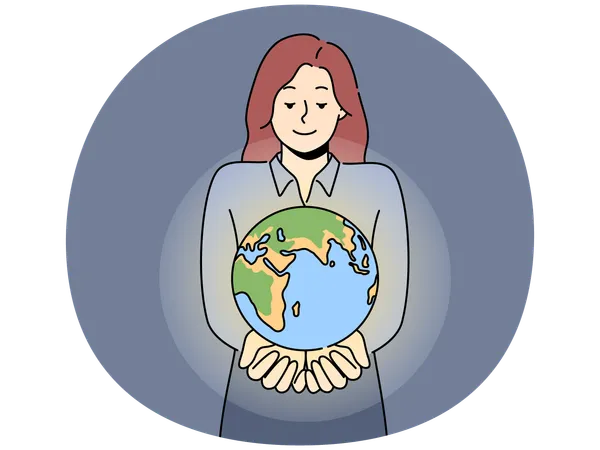 Smiling woman with planet earth in hands  Illustration