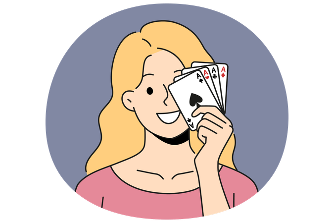 ポーカーカードを持つ笑顔の女性  イラスト