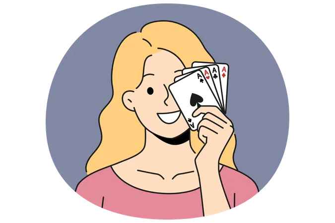ポーカーカードを持つ笑顔の女性  イラスト