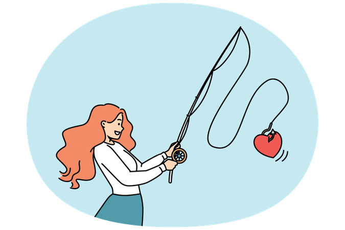 Smiling woman with rod heart on hook  Illustration