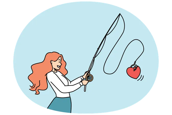 Smiling woman with rod heart on hook  Illustration