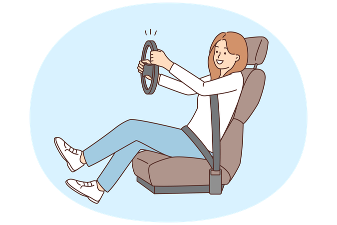 Smiling woman with steering wheel learn driving  Illustration
