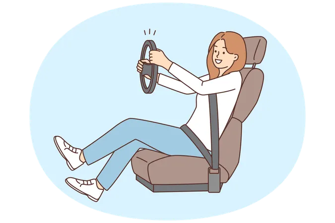 Smiling woman with steering wheel learn driving  Illustration