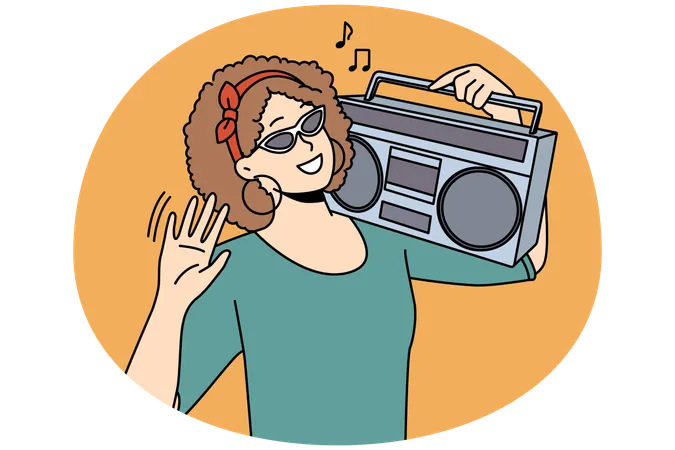Smiling woman with stereo on shoulder  Illustration
