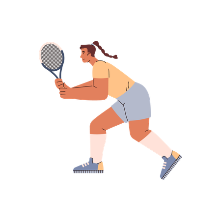 Smiling woman with tennis racket getting ready to hit ball  イラスト
