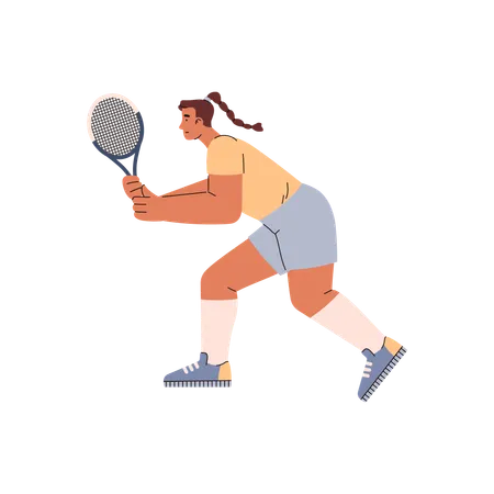 Smiling woman with tennis racket getting ready to hit ball  イラスト