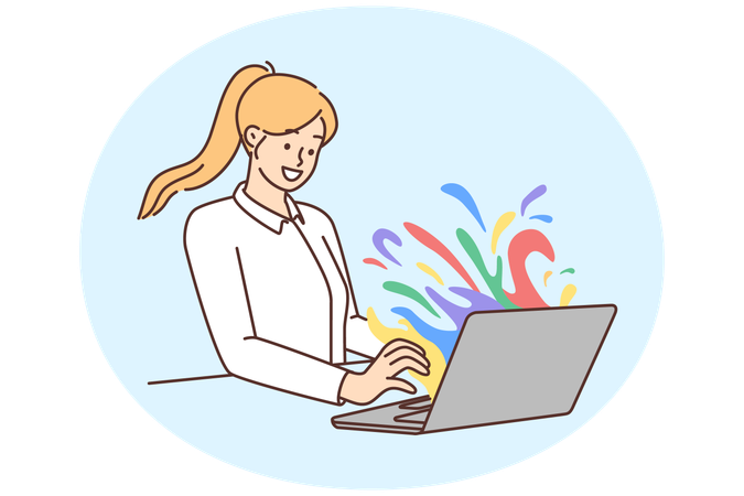 Smiling woman work on laptop with colorful stains on screen  Illustration