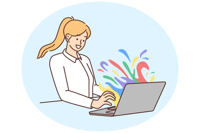 Smiling woman work on laptop with colorful stains on screen  Illustration