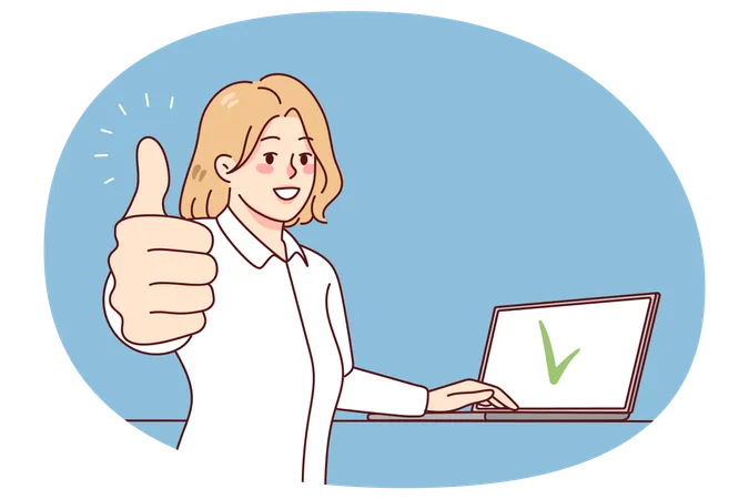 Smiling woman working on laptop showing thumb up  Illustration
