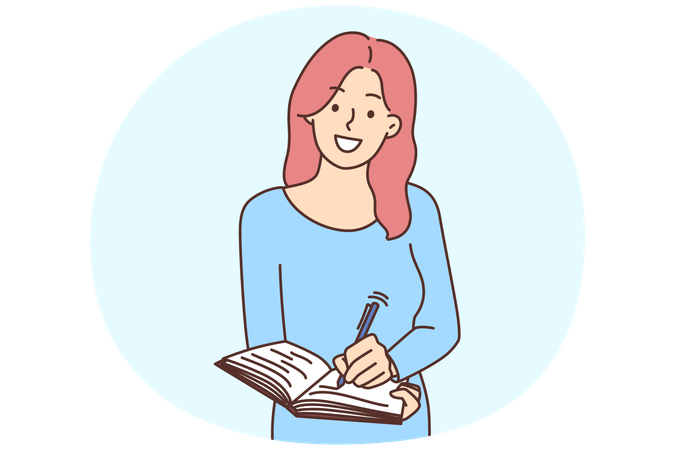 Smiling woman writing in notebook  Illustration