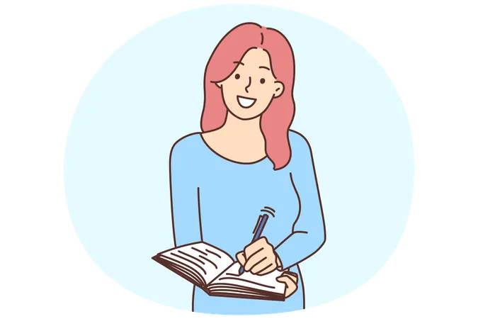Smiling woman writing in notebook  Illustration