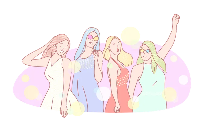 Night Club Dance Soiree Female Corporate Party Concept Leisure Entertainment Smiling Women In Formal Dress Group Photo Posing Happy Girls Dancing Together Simple Flat Vector Illustration
