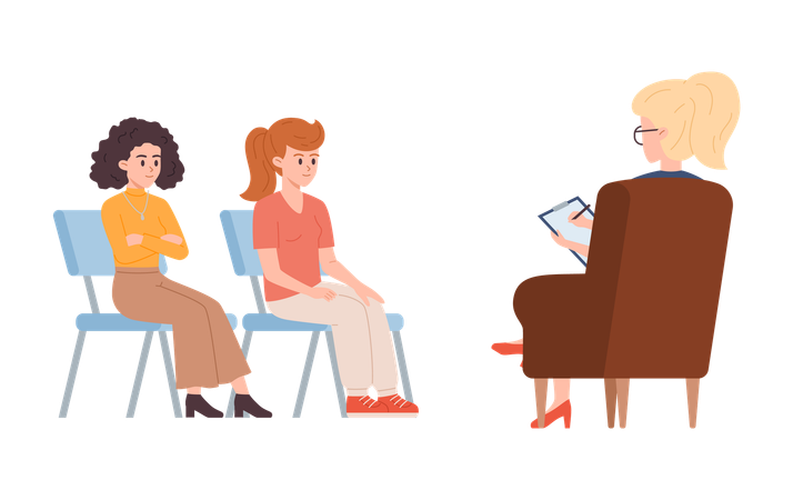 Smiling women sitting opposite psychologist with notes  Illustration