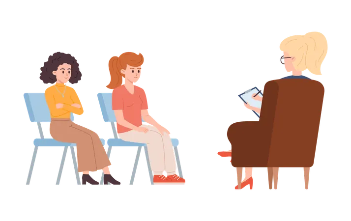 Smiling women sitting opposite psychologist with notes  Illustration
