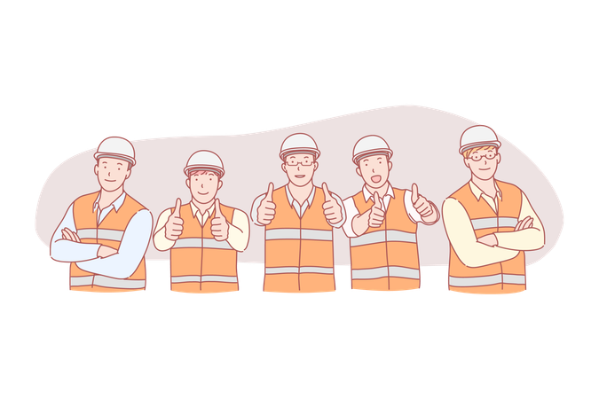 Smiling workers group in helmet and uniform  イラスト