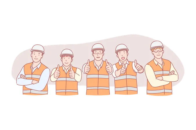 Civil Engineer Work Successful Project Group Photo Posing Concept Construction Industry Smiling Workers Group In Helmet And Uniform Male Builders Men Showing Thumb Up Simple Flat Vector 일러스트레이션