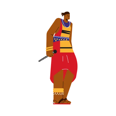 Smiling young African man in traditional clothes holding microphone  Illustration