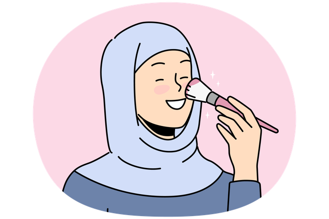 Smiling young Arabic woman in hijab doing makeup  Illustration
